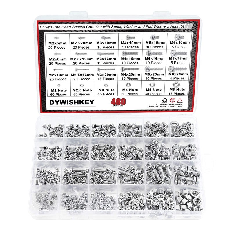 DYWISHKEY 480 PCS M2 M2.5 M3 M4 M5 M6, 304 Stainless Steel Phillips Pan Head Screws Combine with Spring Washer and Flat Washers Nuts Assortment Kit - Image 1
